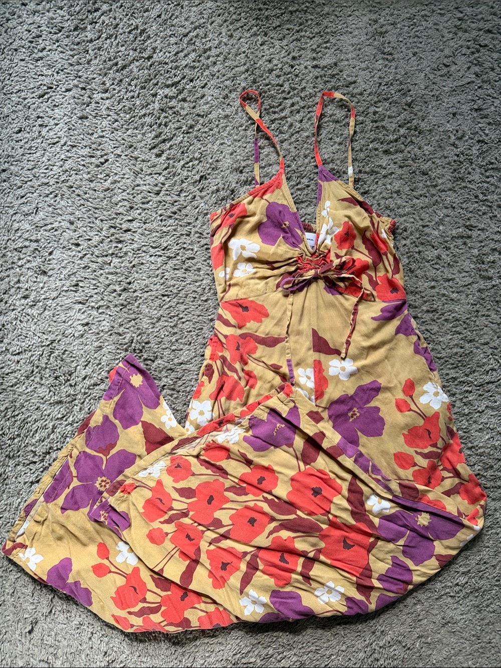 Floral Tie-Front Slip Dress in Mustard with Red & Purple Blooms